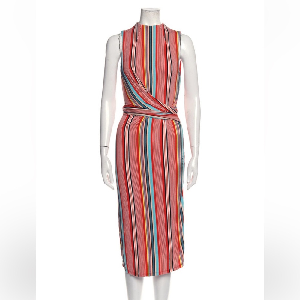 Alice + Olivia Striped Wrap-Front Midi Dress in Coral Multi